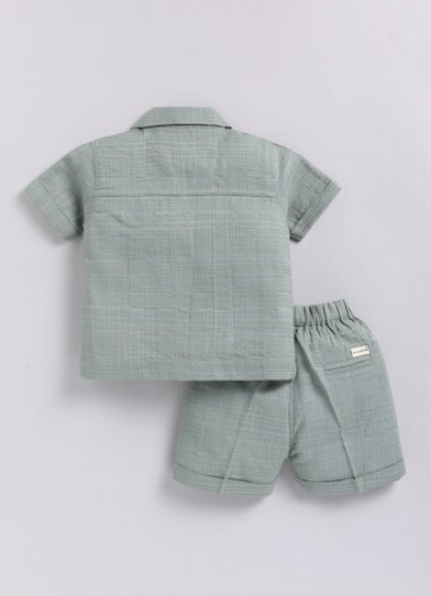 Boys Pure Muslin Cotton Stuffed Lion Casual Shirt & Shorts Coord Set - Green