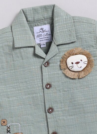 Boys Pure Muslin Cotton Stuffed Lion Casual Shirt & Shorts Coord Set - Green