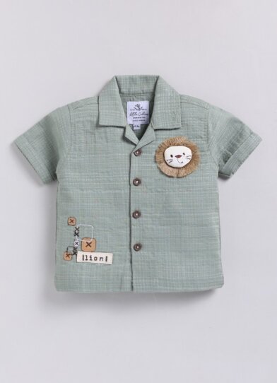 Boys Pure Muslin Cotton Stuffed Lion Casual Shirt & Shorts Coord Set - Green