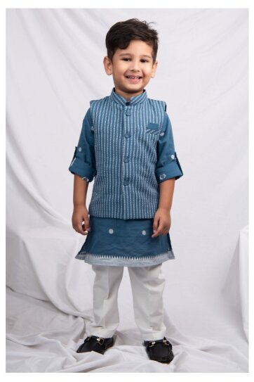 Pure Cotton Woven Full Sleeves Pack of 3 Kurta Pajama with Striped Nehru Jacket Ethnic Set- Blue