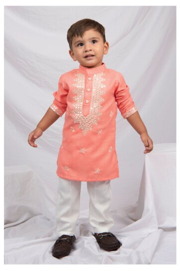 Blended Cotton Mirror Work Embellished and Embroidered in Neckline Woven Full Sleeves Pack of 2 Kurta Pajama Ethnic Set- Orange