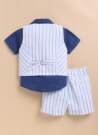 Boys Pure Cotton Formal Striped Waistcoat Shorts with Shirt and Bow Set - Blue
