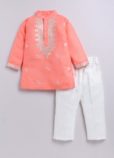 Blended Cotton Mirror Work Embellished and Embroidered in Neckline Woven Full Sleeves Pack of 2 Kurta Pajama Ethnic Set- Orange