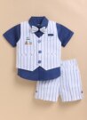 Boys Pure Cotton Formal Striped Waistcoat Shorts with Shirt and Bow Set - Blue