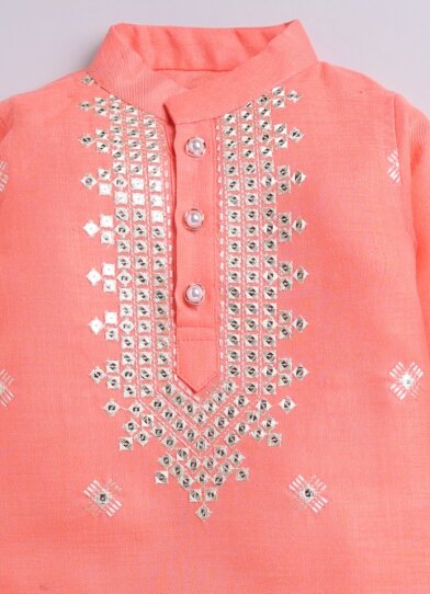 Blended Cotton Mirror Work Embellished and Embroidered in Neckline Woven Full Sleeves Pack of 2 Kurta Pajama Ethnic Set- Orange