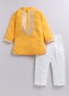 Blended Cotton Mirror Work Embellished and Embroidered in Neckline Woven Full Sleeves Pack of 2 Kurta Pajama Ethnic Set- Yellow