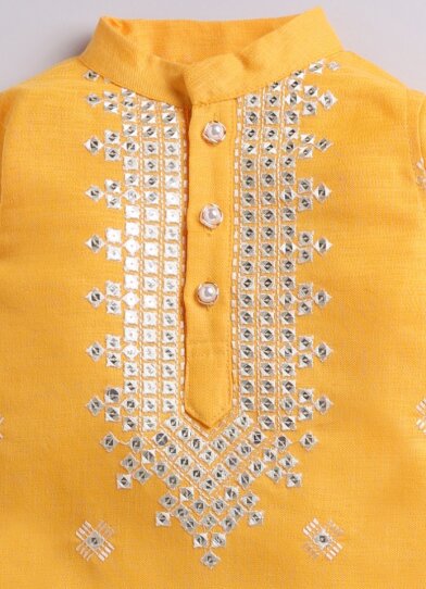 Blended Cotton Mirror Work Embellished and Embroidered in Neckline Woven Full Sleeves Pack of 2 Kurta Pajama Ethnic Set- Yellow