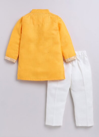 Blended Cotton Mirror Work Embellished and Embroidered in Neckline Woven Full Sleeves Pack of 2 Kurta Pajama Ethnic Set- Yellow