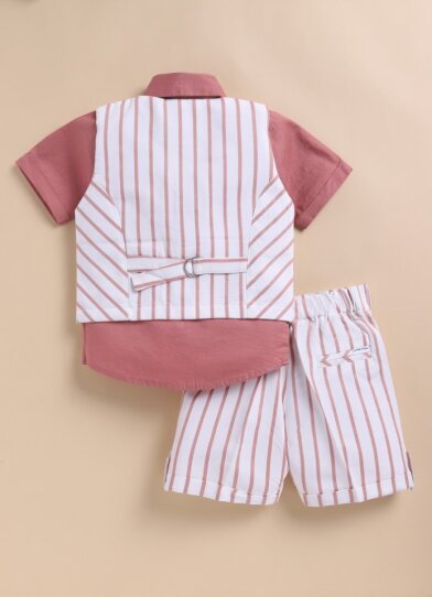 Boys Pure Cotton Formal Striped Waistcoat Shorts with Shirt and Bow Set - Rust