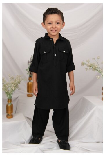 Blended Woven Full Sleeves Pack of 2 Solid Kurta Patiala Ethnic Set- Black
