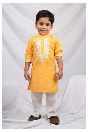 Blended Cotton Mirror Work Embellished and Embroidered in Neckline Woven Full Sleeves Pack of 2 Kurta Pajama Ethnic Set- Yellow
