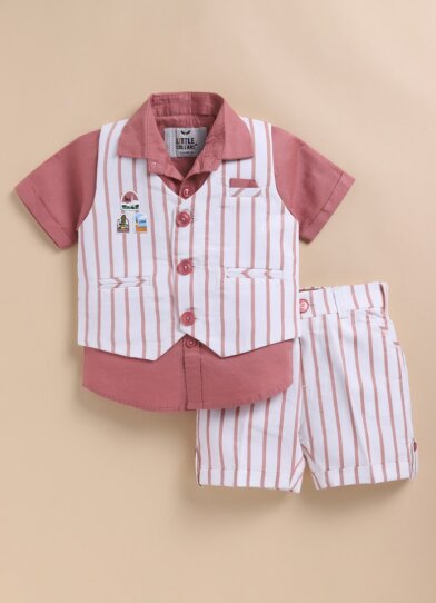 Boys Pure Cotton Formal Striped Waistcoat Shorts with Shirt and Bow Set - Rust