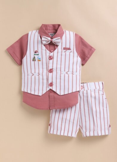 Boys Pure Cotton Formal Striped Waistcoat Shorts with Shirt and Bow Set - Rust
