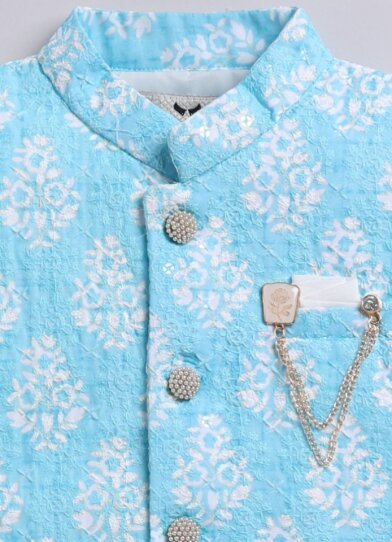 Silk Blended Motif Printed Full Sleeves Pack of 4 Kurta Pajama with Nehru Jacket and Brooch Pin Ethnic Set- Mint
