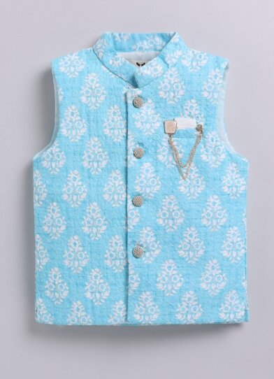 Silk Blended Motif Printed Full Sleeves Pack of 4 Kurta Pajama with Nehru Jacket and Brooch Pin Ethnic Set- Mint