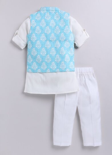 Silk Blended Motif Printed Full Sleeves Pack of 4 Kurta Pajama with Nehru Jacket and Brooch Pin Ethnic Set- Mint