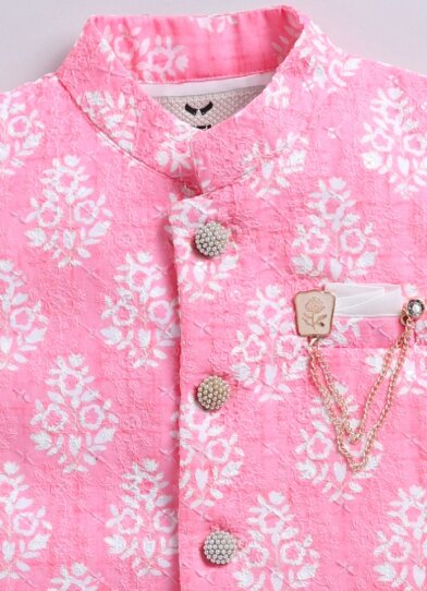 Silk Blended Motif Printed Full Sleeves Pack of 4 Kurta Pajama with Nehru Jacket and Brooch Pin Ethnic Set- Pink