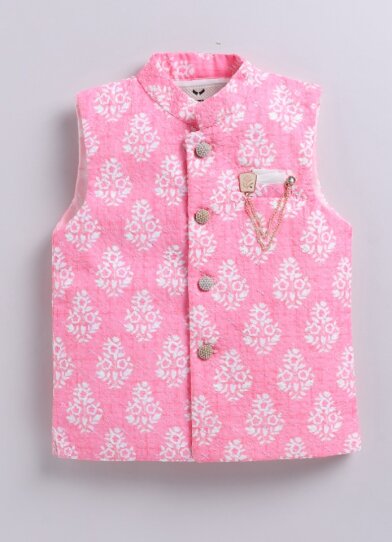 Silk Blended Motif Printed Full Sleeves Pack of 4 Kurta Pajama with Nehru Jacket and Brooch Pin Ethnic Set- Pink
