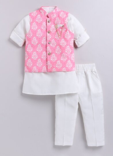 Silk Blended Motif Printed Full Sleeves Pack of 4 Kurta Pajama with Nehru Jacket and Brooch Pin Ethnic Set- Pink